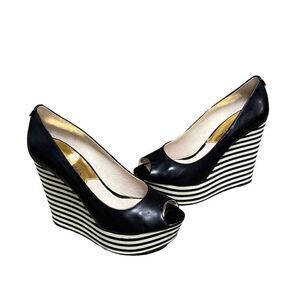 Michael Kors Black Leather Striped Peep Toe Platform Wedge Size 8